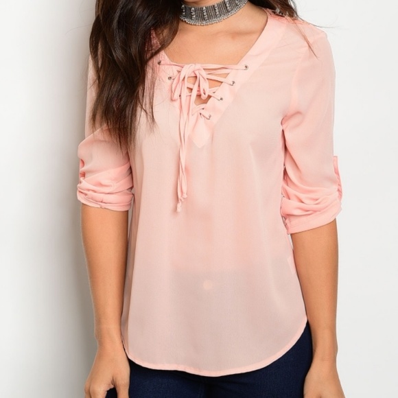 Peach Pink Lace Up Crochet Roll-Tab Blouse - Picture 3 of 7